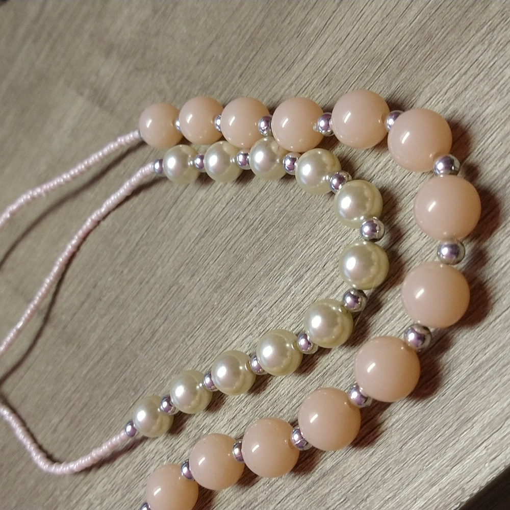2 Strands of Faux Pearls- White, Pink. Beaded. Clasp closure